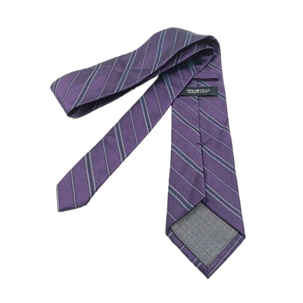 Awearness Kenneth Cole Tie Mens 60” Purple Gray Stripe Silk Blend Skinny New
